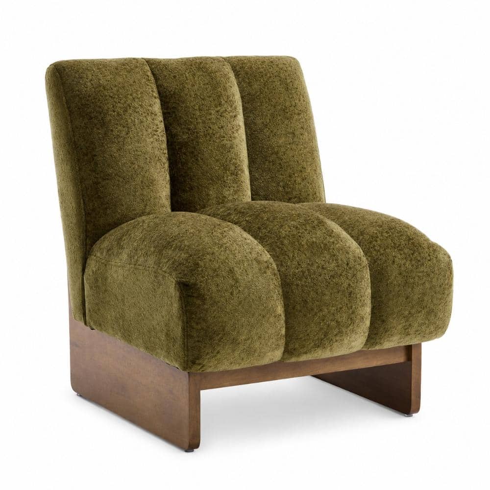 Modern Green Chenille Channel Tuft Armless Accent Chair with Solid Wood Base