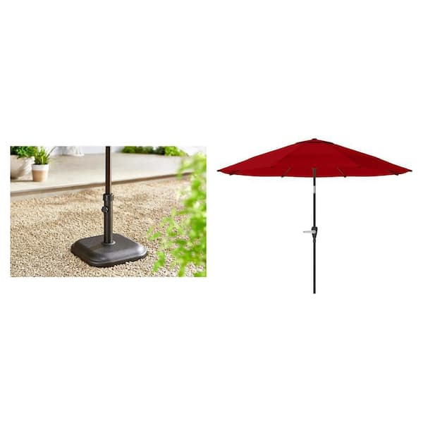 10 ft. Aluminum Red Patio Umbrella with Auto Tilt and 26 lbs. Black Umbrella Base Combo