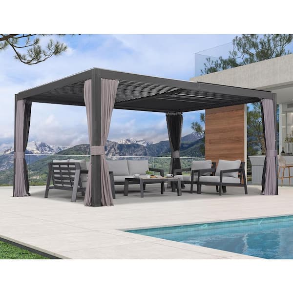 PURPLE LEAF 10 ft. x 13 ft. Gray Louvered Pergola with Adjustable Aluminum Flat Roof Patio Gazebo with Netting and Curtains