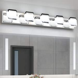 35.43 in. 5 Light Chrome Vanity Light Bar with Chrome Finish and Translucent Lampshade Dimmable 5500K Light