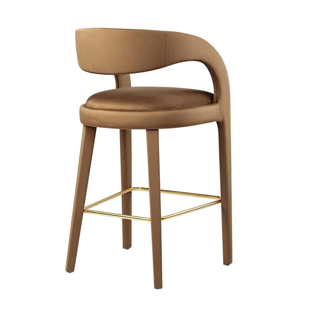 Pinnacle Brown Gold Velvet Bar Stools with Curved Backrest, Set of 2