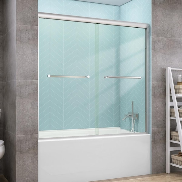 56 to 60 in. W x 58 in. H Sliding Framed Tub Door Alcove Bathtub Shower Door in Brushed Nickel with 1/4 in. Clear Glass