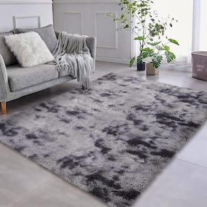 Tie-Dyed in Dark Gray 8 ft. x 10 ft. Fluffy Area Rugs Non-Skid with Faux Fur Back