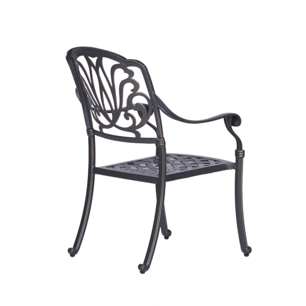 Black aluminum outdoor dining chair with a lattice seat shown at an angle.