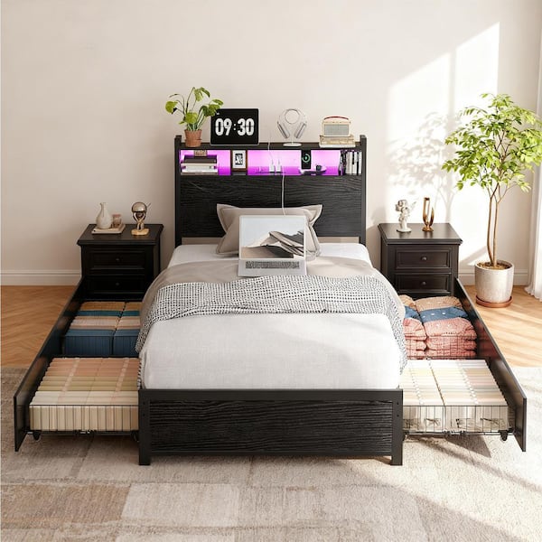 Black Metal Frame Twin Platform Bed with 4 Storage Drawers, Built in Charging Station and LED Light