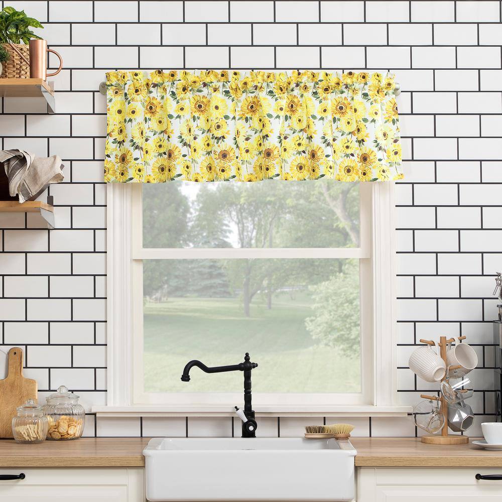 Yellow Sunflower Print Semi-Sheer Rod Pocket Kitchen Curtain Set