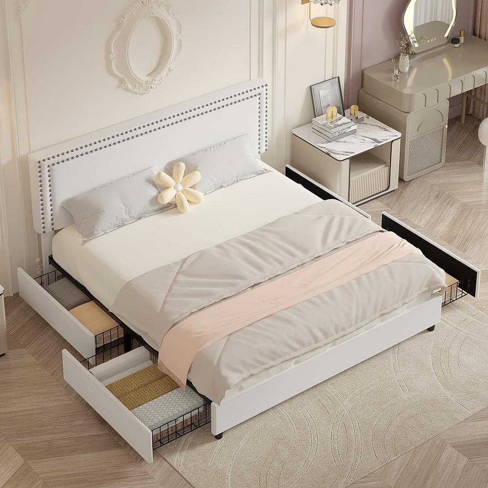 White Velvet Upholstered King Platform Bed with Storage Drawers