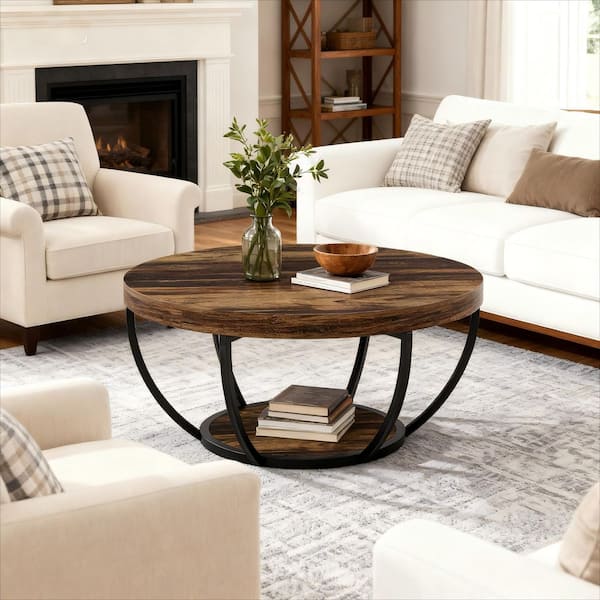 31.7 in. Farmhouse Brown Round Wood Coffee Table with Storage, 2-Tier Small Modern Center Table for Living Room, Office