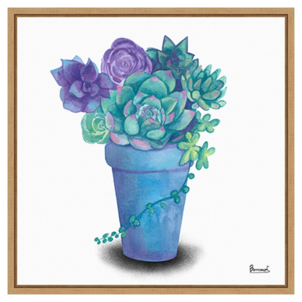 Turquoise Succulents IV Watercolor Canvas with Maple Frame