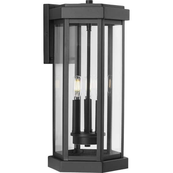 Progress Lighting Ramsey 9 in. 3-Light Textured Black Outdoor Large Wall Lantern Sconce