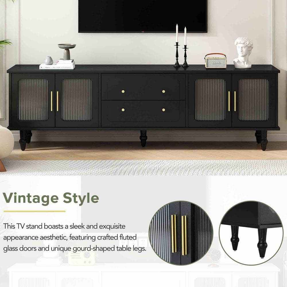 Black Fluted Glass Door TV Stand with Drawers and Cabinets