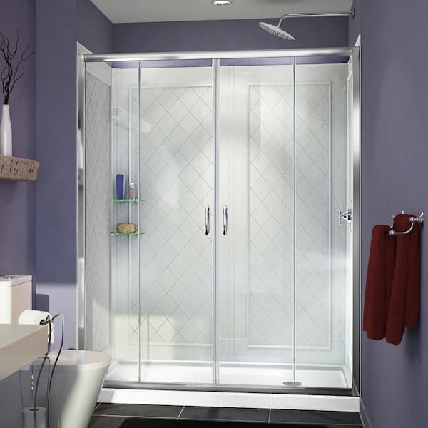 DreamLine Visions 60 in. W x 30 in. D x 76-3/4 in. H Semi-Frameless Shower Door in Chrome with White Base and Backwalls
