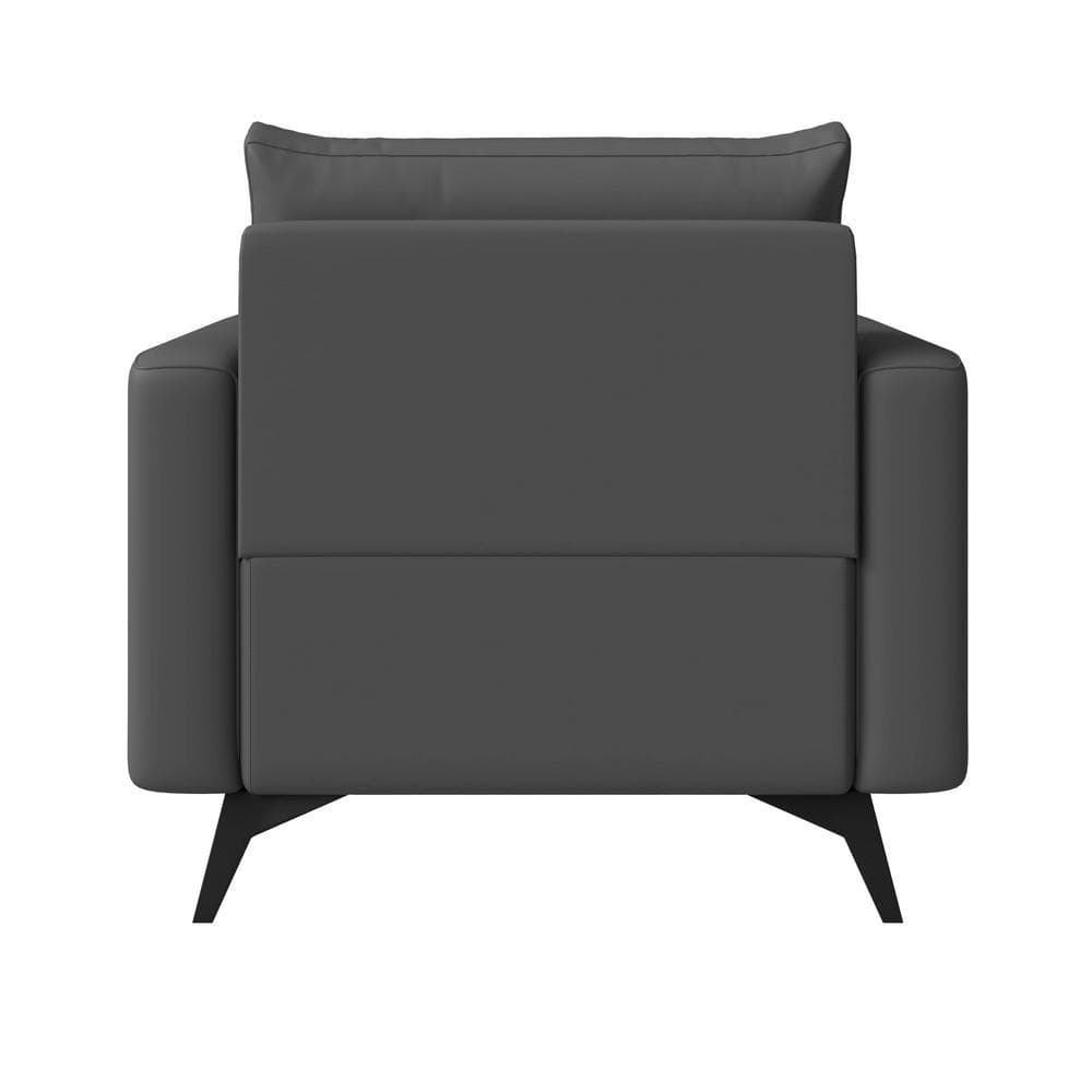 Grey upholstered arm chair on a white background. Front view.