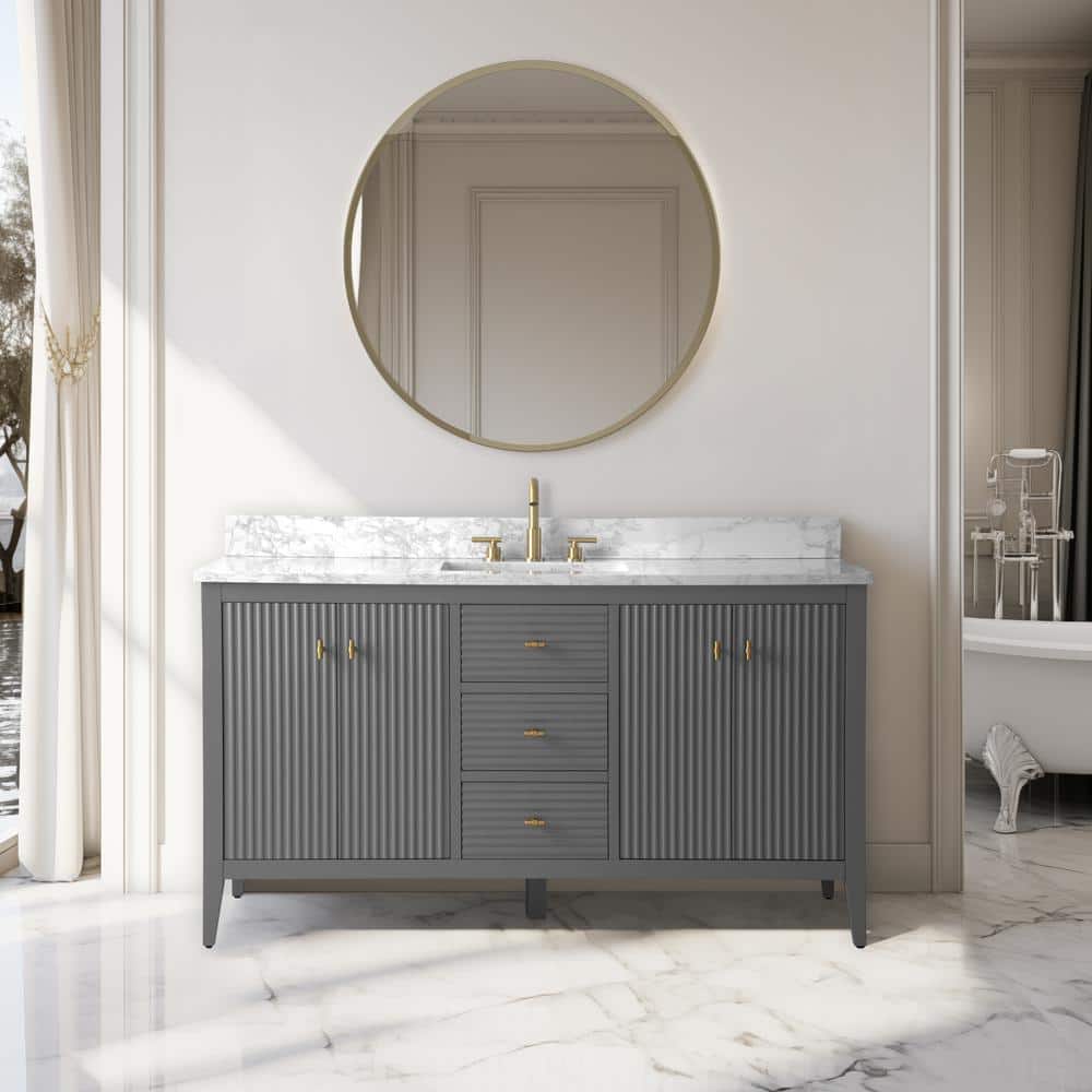 60" Linear Gray Freestanding Bathroom Vanity with Gold Hardware and Marble Top