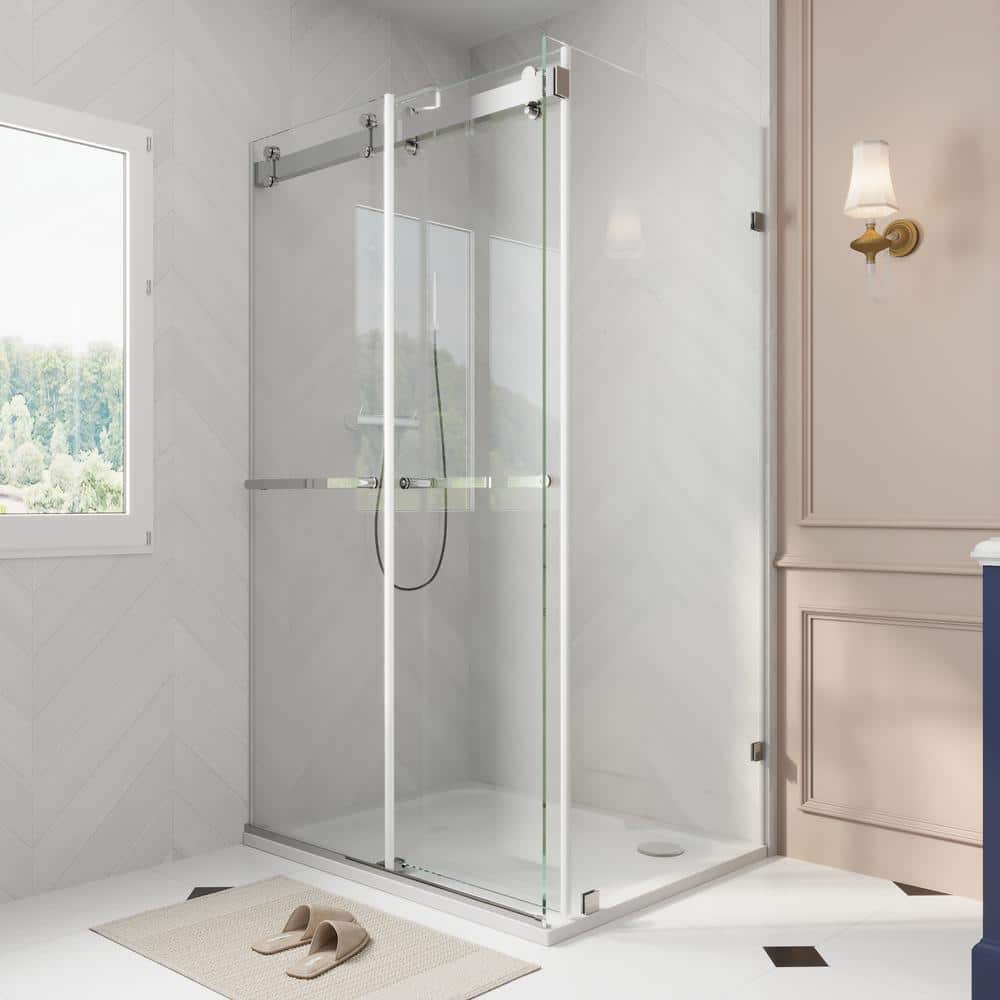 43" Frameless Sliding Shower Enclosure with Clear Glass and Stainless Steel