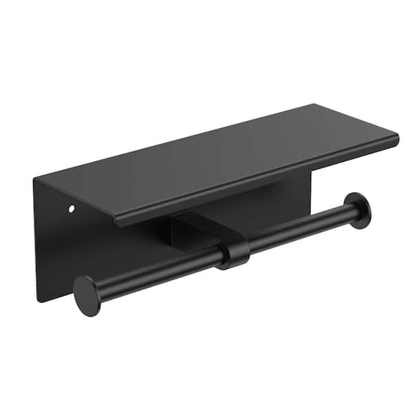 FURUISI Stainless Steel Wall Mounted Double Post Toilet Paper Holder with Shelf Storage Rack in Black