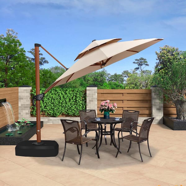 PURPLE LEAF 10 ft. Octagon High-Quality Wood Pattern Aluminum Cantilever Polyester Patio Umbrella with Wheels Base, Beige