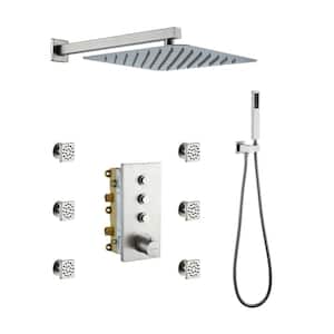 Luxury Thermostatic 2-Spray Patterns 12 in. Flush Wall Mount Rainfall Dual Shower Heads with 6-Jets in Brushed Nickel