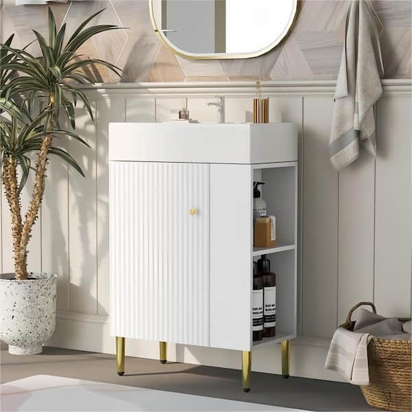21.6 in. W x 12.2 in. D x 33.9 in. H Single Sink Right Side Shelves Bath Vanity in White with White Ceramic Basin Top