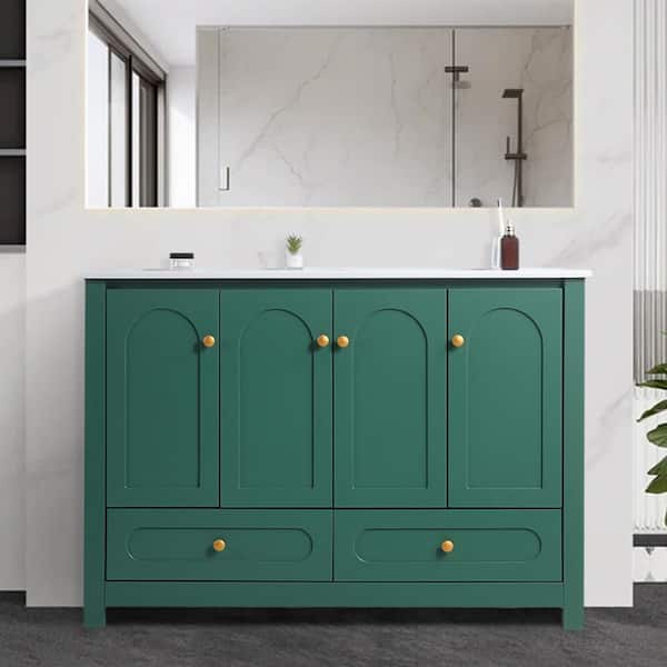 47.64 in. Single Sink Freestanding Green Bath Vanity with White Ceramic Top, 4 Soft-Close Doors, 2 Drawer, Unassembled