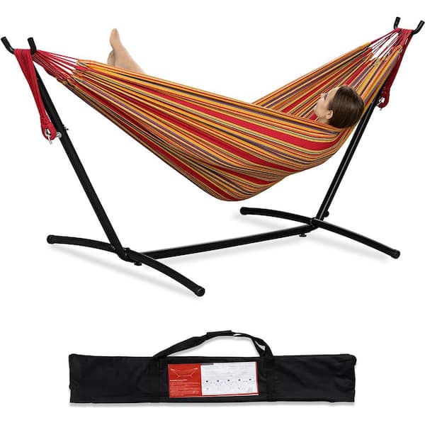 Unbranded 9 ft. 2-Person Heavy Duty Double Hammock with Space Saving Steel Stand, 450 lbs. Capacity and Carrying Bag in Red