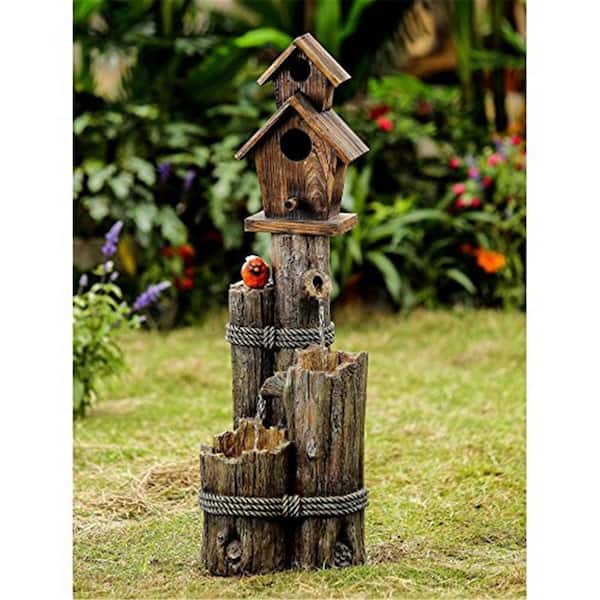 Wood Finish Waterfall Fountain with Birdhouse