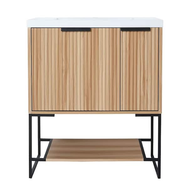 ARTCHIRLY 30 in. W x 18 in. D x 35 in. H Freestanding Bathroom Vanity in Brown with Glossy White Resin Basin Top