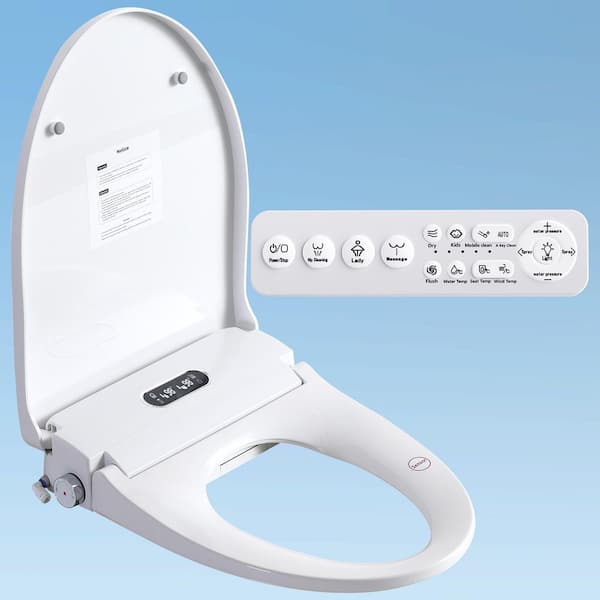 Electric Bidet Seat for Elongated Toilets in White with Auto Open/Close Cover、LED Display and Remote Control