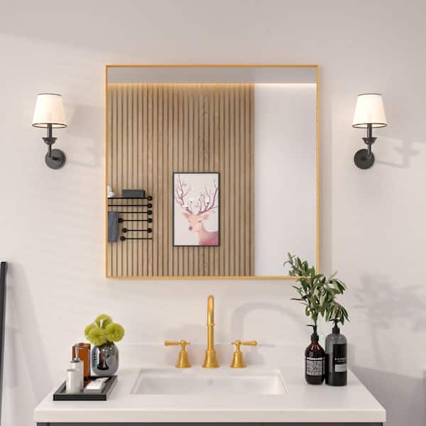 niveal Aura 30 in. W. x 30 in. H Rectangular Framed Wall Bathroom Vanity Mirror in Brushed Gold