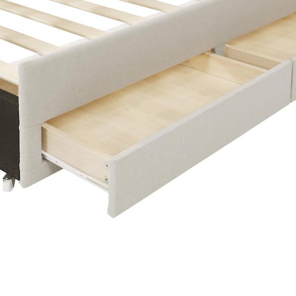 Beige Wood Frame Full Size Platform Bed with Twin Size Trundle and (3-Drawers)