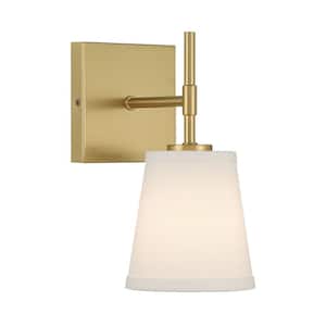 5.75 in. 1-Light Soft Brass Sconce with White Linen Shade, No Bulb Included
