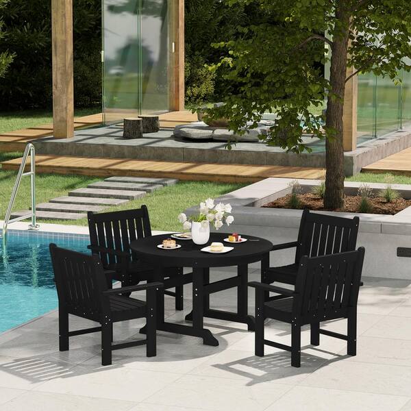 Laguna 5-Piece Outdoor Patio Poly Plastic Fade Resistant Garden Arm Chair and Round Trestle Table Dining Set in Black