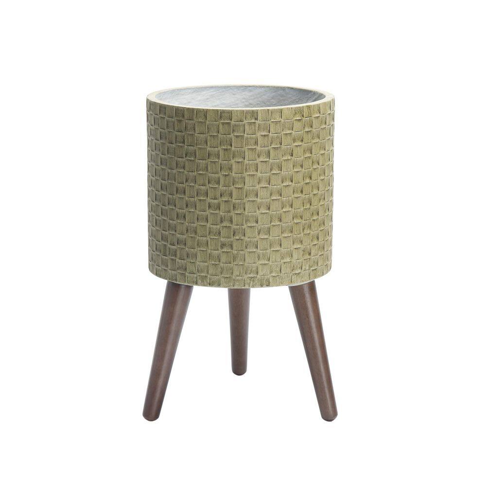 Planter Pot with Geometric Pattern and Wooden Legs for Indoor Outdoor Decor, Distressed Olive, 1 Piece price history on PriceWatchPro