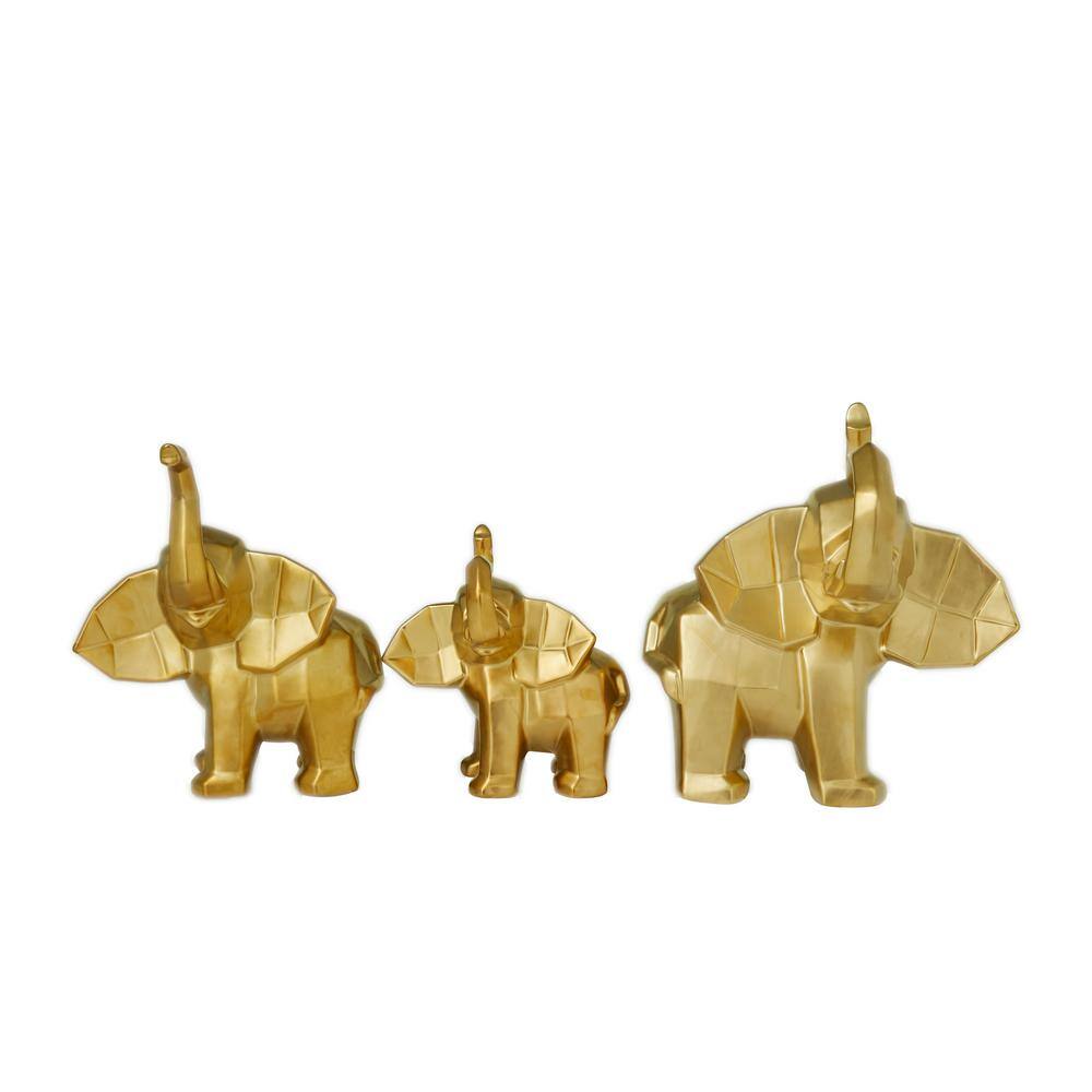 Gleaming Gold Porcelain Elephant Trio Statues