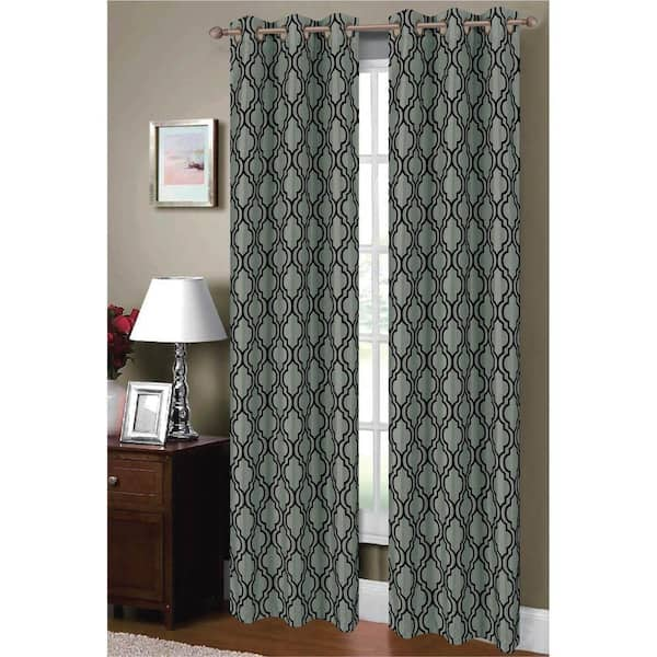 Window Elements Semi-Opaque Lattice Flocked Faux Silk 84 in. L Grommet Curtain Panel Pair, Teal/Black (Set of 2)