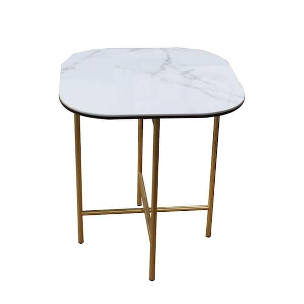 Benjara 20 in. White and Gold Square Ceramic End Table with Metal Frame