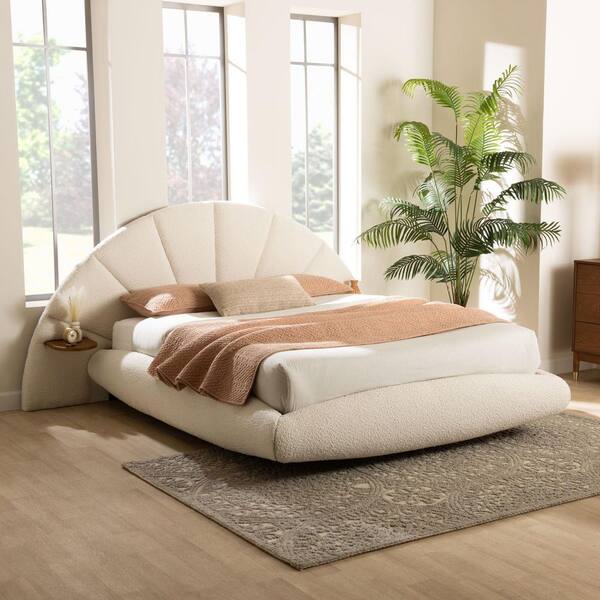 Cherise White Boucle and Wood Frame King Floating Platform Bed