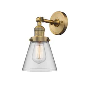 Cone 1-Light Brushed Brass Wall Sconce with Clear Glass Shade