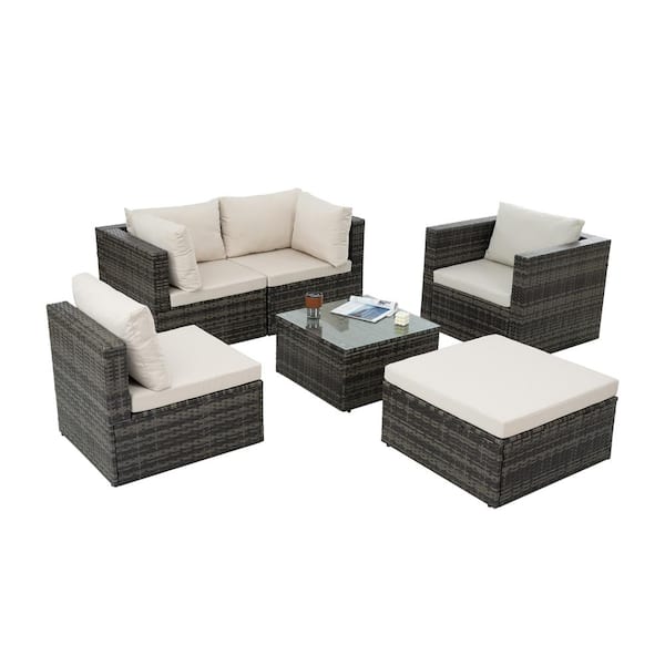 Tenleaf 6-Piece Dark Gray Wicker Patio Conversation Set with Beige Cushions, Tempered Glass Coffee Table