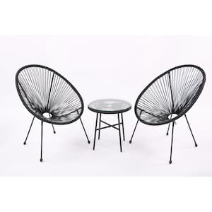 3 Piece Black Metal PE Rattan Outdoor Patio Conversation Set with Side Table Flexible Rope Furniture with Coffee Table