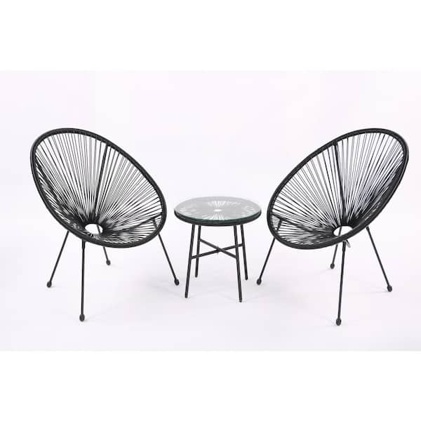Zeus & Ruta 3 Piece Black Metal PE Rattan Outdoor Patio Conversation Set with Side Table Flexible Rope Furniture with Coffee Table