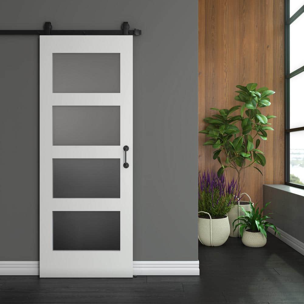 White Primed Pine Wood Frosted Glass Barn Door Slab
