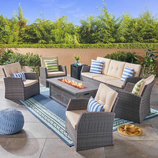 Noble House Sanger Gray 7-Piece Faux Rattan Outdoor Patio Fire Pit Conversation Set with Beige Cushions