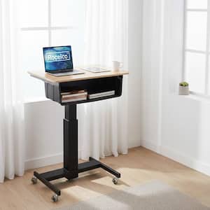 28 in. W Beige Height Adjustable Mobile School Standing Desk Cart with Book Box Storage and Gas Spring Laptop Riser