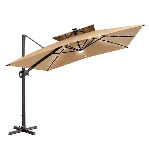 9 ft. x 12 ft. Solar LED Patio Umbrella Double Top Outdoor 360° Rotation Cantilever Offset Umbrella in Tan
