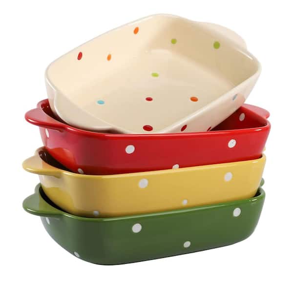 4-Piece Assorted Color Polka Dot Ceramic Individual Casserole Dish Set with Handles for Oven Baking