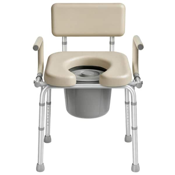 Drop Arm Bedside Commode with Padded Seat, Backrest, 6.3 qt. Removable Bucket and Adjustable Height for Seniors, Beige