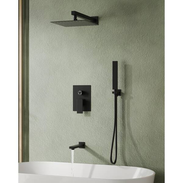 3-Handle 1-Spray Tub and Shower Faucet Ceiling Mounted Rain Shower Fixtures Matte Black with Handheld and Tub Spout