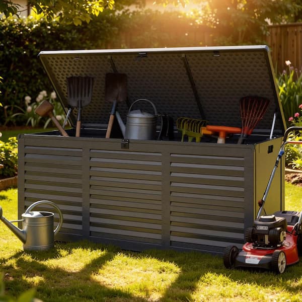 BTMWAY 130 Gal. Black Upgraded Resin Deck Box, Outdoor Storage Box Waterproof with Hydraulic Rod and Side Handle, Lockable