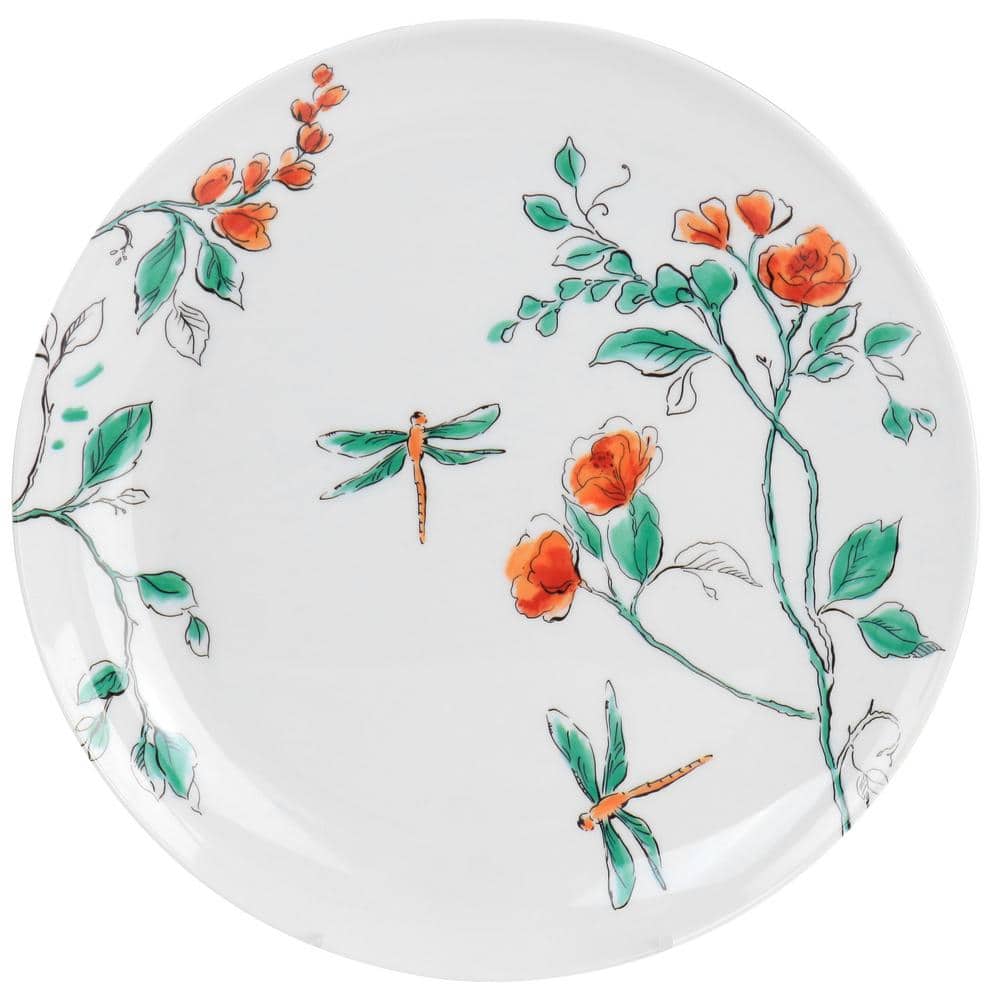 White Floral Dragonfly Melamine Dinnerware Set, Service for 4